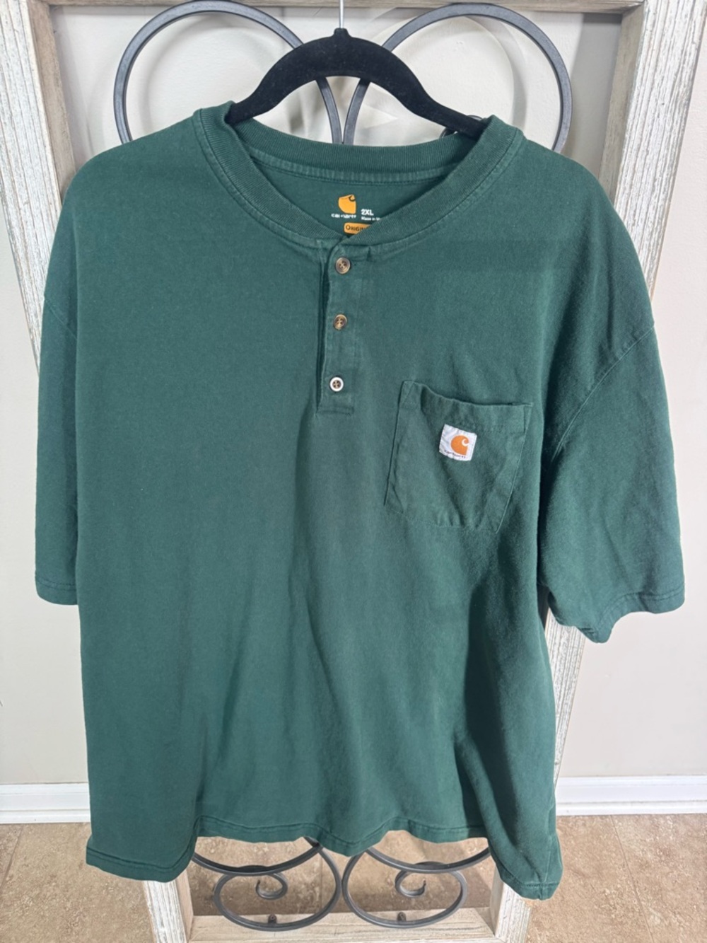 Carhartt Henley Pocket Shirt Green 2XL Original Fit Workwear K84 Heavy Cotton